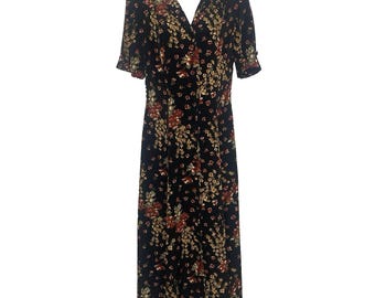 Vintage JBS midi-shirtjurk jaren 90 maat 6 zwartbruine bloemen knoop aan de voorkant