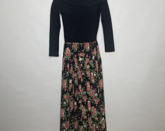 Vintage 80s Tickets Black Floral On/Off Shoulder Drop Waist Midi Dress Size S