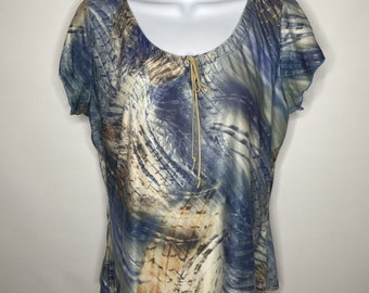 Vintage 90s Rave Blue Beige Tie Dye Split Sleeve Blouse Top Size XL