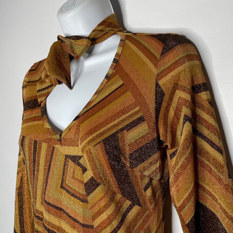 Vintage 90s Does 70s Disco daModa Geometric Brown Gold Glitter Midi Sheath Dress Size S image 7