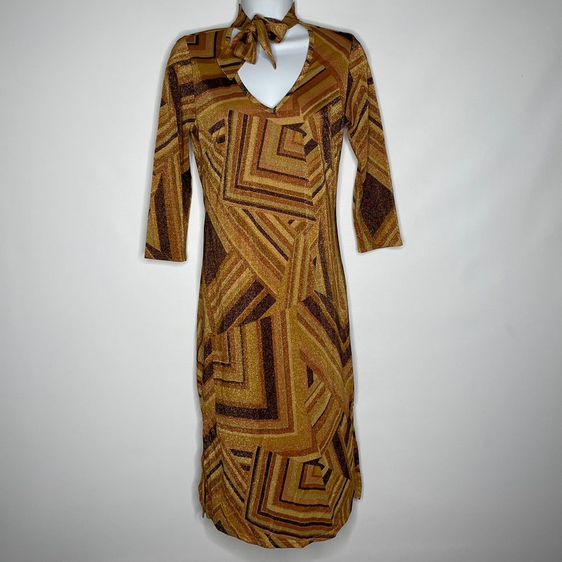 Vintage 90s Does 70s Disco daModa Geometric Brown Gold Glitter Midi Sheath Dress Size S image 1