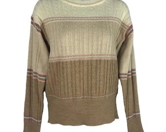 Vintage 70s Kmart Cable Knit Sweater Size S Ivory Beige Taupe Striped Colorblock