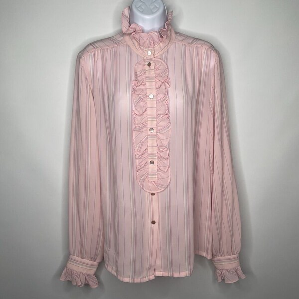 Vintage 80s Teddi Ruffled High Neck Pink Pinstripe Secretary Blouse Size L