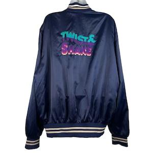 Vintage 70s Disco Blue Satin Bomber Jacket Size XL Twist & Shake Embroidered