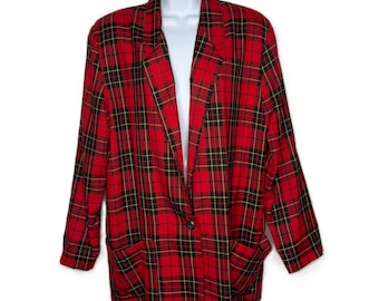 Vintage 80s First Option Tartan Flannel Blazer Size M Red Plaid Oversized