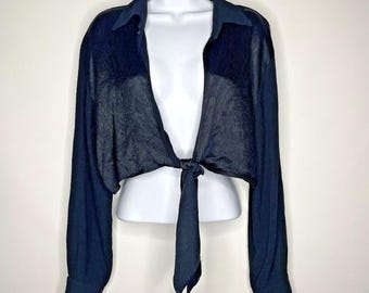 vintage Année 2000 - Top court noué sur le devant, taille L, satin noir