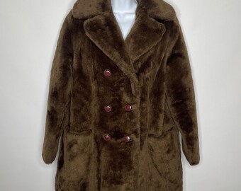 Vintage 70s Double Breasted Button Front Brown Faux Fur Coat Jacket Size 10