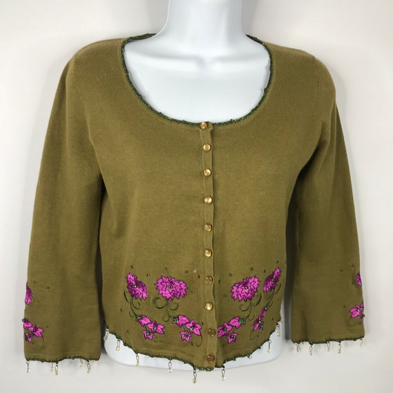 Vintage 90s Betsey Johnson Green Floral Beaded Emb