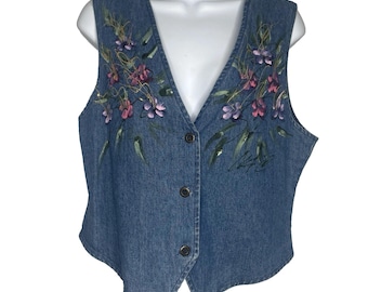 Vintage 80s Sunbelt Denim Vest Waistcoat Size M Blue Floral Hand Painted