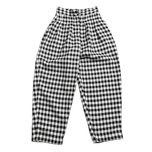 May include: High-waisted trousers featuring a black and white gingham check pattern. These pants have a structured waistband with a single centered button closure, a front zipper fly, and subtle pleats below the waistband for a tailored fit.