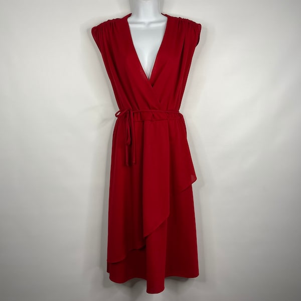 Vintage 70s Red Draped Belted Faux Wrap Polyester Disco Dress Size M