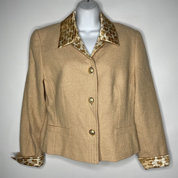 Vintage 80s Escada Beige Wool Angora Leopard Silk… - image 1