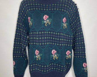 Vintage 80s Ninon de Lenclos Blue Green Sweater Floral Embroidered Size L