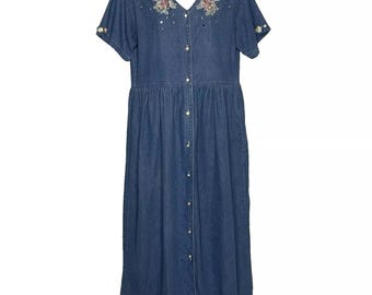 Vintage 80s Spot Light Blue Denim Midi Dress Size M Cottagecore Modest Teacher