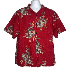 Vintage 90s/Y2K Good Vibes Red Fire Dragon Tribal Button Up Shirt Size XL