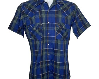 Vintage 80s Sheplers Pearl Snap Western Shirt Size S Blue Gray Plaid Short Sleeve