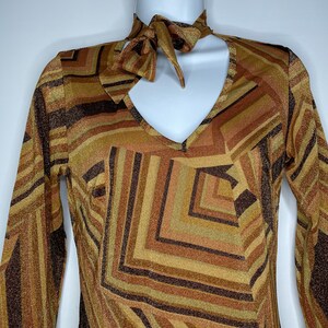 Vintage 90s Does 70s Disco daModa Geometric Brown Gold Glitter Midi Sheath Dress Size S image 2