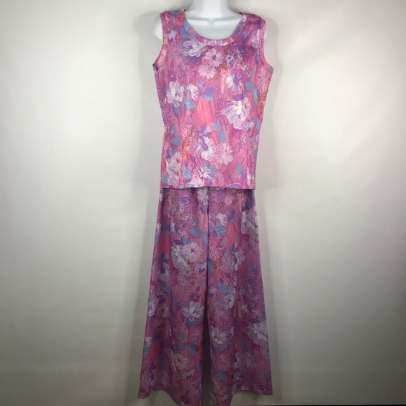 Vintage 70s Pink Purple Floral Polyester 2-Piece S