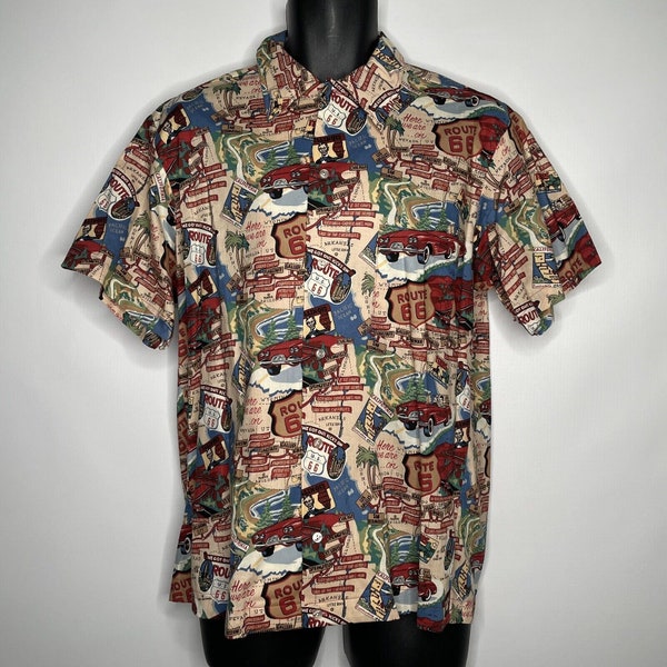 Vintage 80s/90s Cruisin USA Beige Retro Route 66 Map Print Button Up Shirt Size M