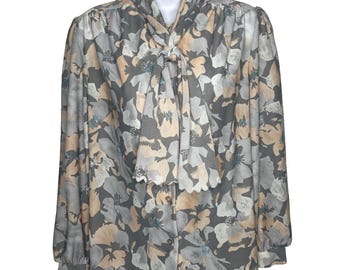 Vintage 70s Graff Secretary Blouse Size S Gray Peach Floral Tie Neck Ascot Bow