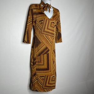 Vintage 90s Does 70s Disco daModa Geometric Brown Gold Glitter Midi Sheath Dress Size S image 3