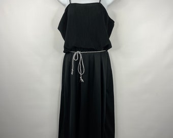 Vintage 70s Black Sleeveless Accordion Pleat Belted Blouson Disco Dress Size 16