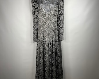 Vintage 80s Scott McClintock Black White Floral Lace Overlay Drop Waist Midi Dress Size S