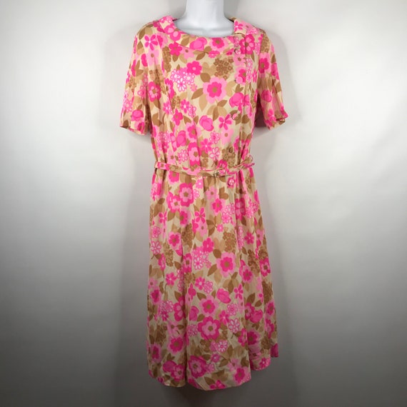 True Vintage 50s Beige Brown Pink Floral Belted D… - image 1