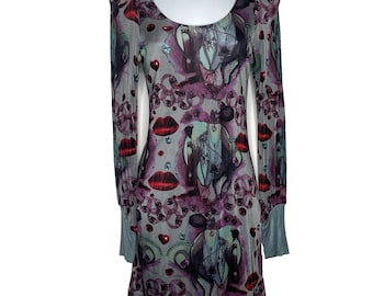 Vintage jaren 90/Y2K Custo Barcelona graphic mesh jurk maat S grijs paars lippen harten