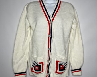 Vintage 50s Sidney Gould White Red Blue Geo Patch Pocket Cardigan Sweater Size M