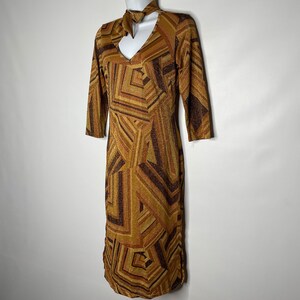 Vintage 90s Does 70s Disco daModa Geometric Brown Gold Glitter Midi Sheath Dress Size S image 6