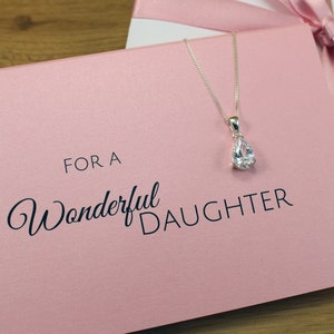 925 sterling silver pear-shaped CZ pendant necklace gift for daughter with personalised card and gift-wrapped with co-ordinating satin ribbon.