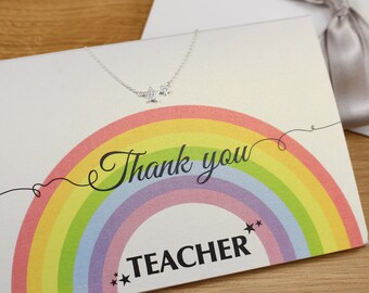 Thank You Teacher Gift 925 Sterling Silver Star Necklace and Personalised Thank You Teacher Card