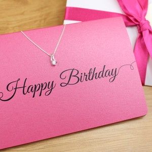 Cadeau personnalisé bijoux de joyeux anniversaire, collier en argent sterling 925 CZ et carte imprimée, emballé avec du ruban et assorti