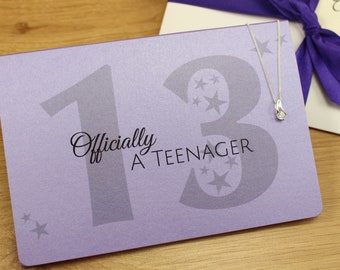 13th Birthday Silver CZ Necklace, Officially a Teenager, 925 Sterling Silver, Personalised 13th Birthday Jewellery Gift for Teenage Girl