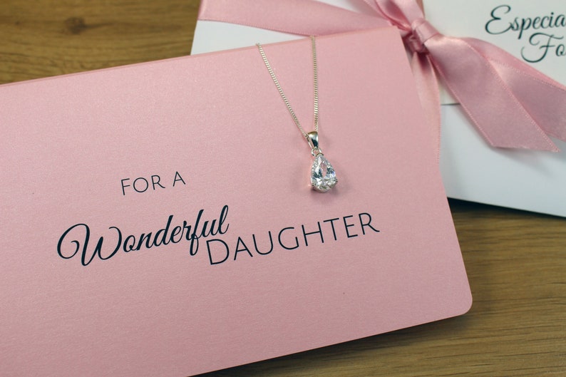 925 sterling silver pear-shaped CZ pendant necklace gift for daughter with personalised card and gift-wrapped with co-ordinating satin ribbon.