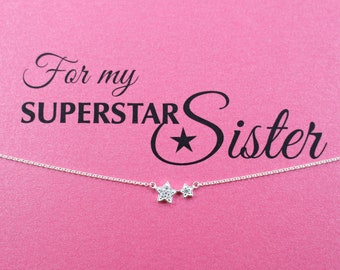 Star Sister Necklace, Personalised 925 Sterling Silver Jewellery Gift with Superstar Sister Card, Little Sister's Birthday, Big Sister Gift