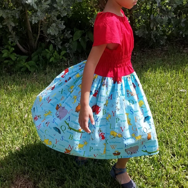 Dr Seuss ABC twirl dress, Dr Seuss book character dress, Kindergarten/1st day of school dress, Alphabet theme dress