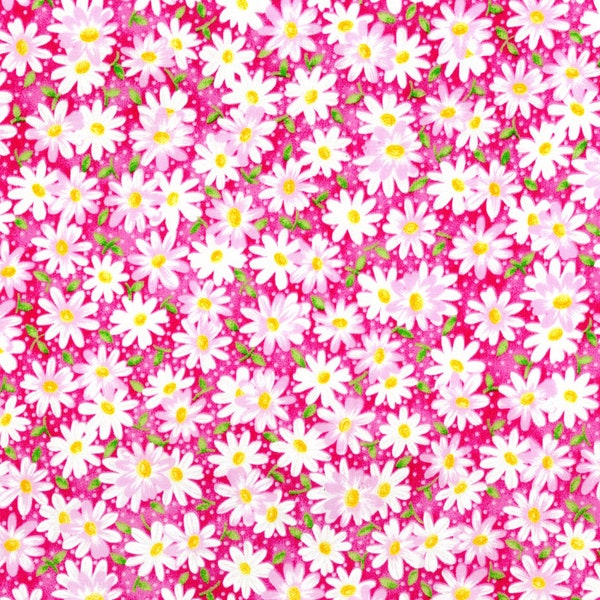 Daisy print cotton fabric, Pink Daisies 100% cotton sold by the yard, Daisy print fabric, Daisies on a PINK/BLUE/PURPLE background cotton.