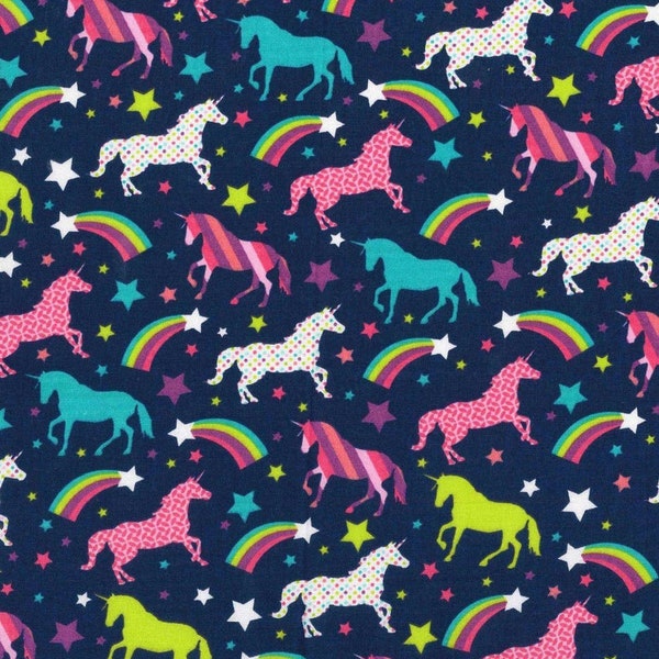 Unicorn & Rainbows quilt cotton sold by 1 yard, 1/2 yard, Novelty quilt cotton fabric, Unicorn on Navy with Rainbows, stars. Girls fabric