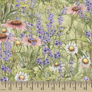 Flowering Herb Garden Cotton Fabric, Herb Flowers Print Cotton 44"/45" sold by the yard, premium cotton great for quilting or mask making