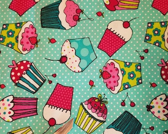 Cupcake on Dots Novelty Cotton Fabric , Cupcake on bright turquoise blue cotton fabric sold by the yard