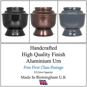 May include: Three handcrafted aluminium urns in black, copper, and grey. Each urn has a 3.3-litre capacity and is made in Birmingham, UK. Free first-class postage is included.