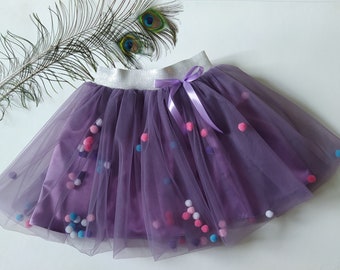 Purple Baby Tutu Skirt With Pompoms, Birthday Tutu, Tulle Baby Skirt, Birthday Outfit, Toddler Skirt.