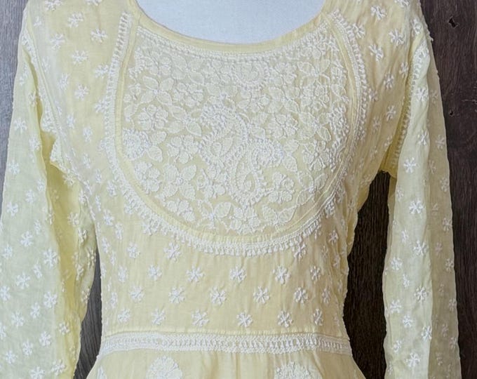 Beige Chikankari Yoke Anarkali Soft Cotton / Free Shipping in US