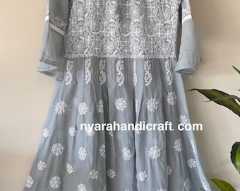 Lucknow Chikankari Gray Cotton Tunic Kurta / Hand Embroidered/ liner included