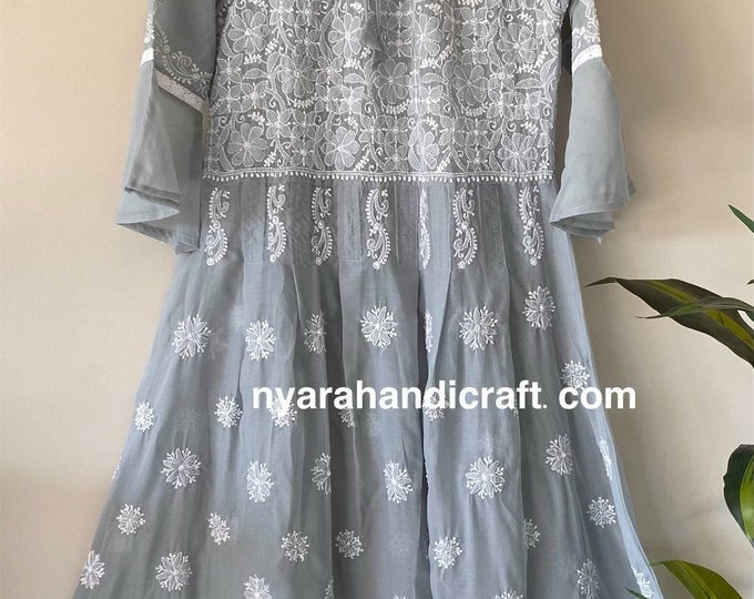 Lucknow Chikankari Gray Cotton Tunic Kurta / Hand Embroidered/ liner included