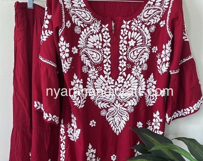 Maroon Chikankari Short Kurta and Palazzo/Hand embroidered/Free Shipping in US