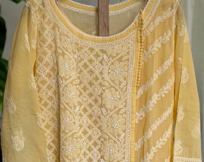 Lucknow Chikankari Pale Yellow Kurta /  Soft Malmal Cotton /Free Shipping in US
