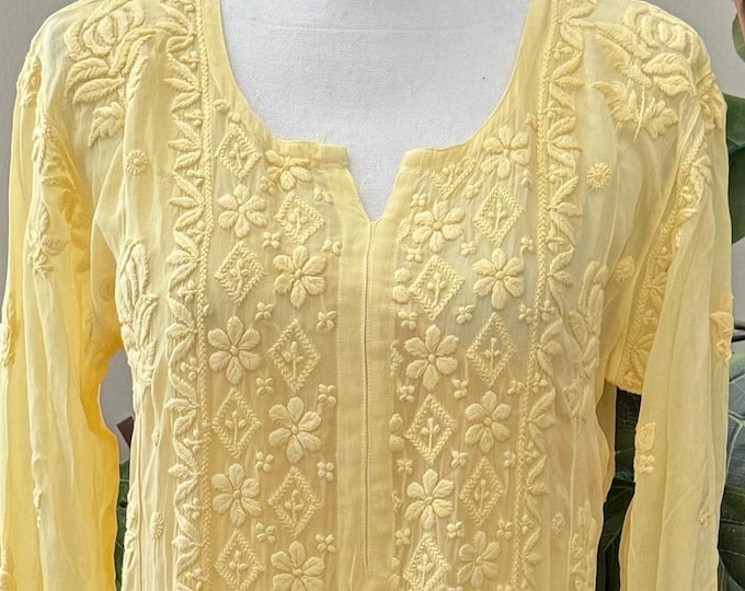 Lucknow Chikankari Yellow Kurta / Fine Georgette / Liner included/ Free Shipping in US